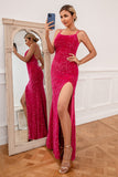 Hot Pink Spaghetti Straps Sequin Prom Dress