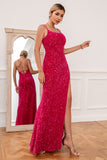 Hot Pink Spaghetti Straps Sequin Prom Dress