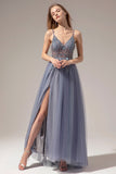 Grey Blue A Line Spaghetti Straps Long Prom Dress With Slit