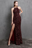 Burgundy Sequin Long Evening Dress with Slit