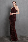 Burgundy Sequin Long Evening Dress with Slit