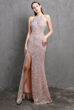 Burgundy Sequin Long Evening Dress with Slit