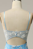 Mermaid Spaghetti Straps Blue Long Prom Dress with Appliques