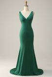Mermaid V Neck Green Long Formal Dress with Beading