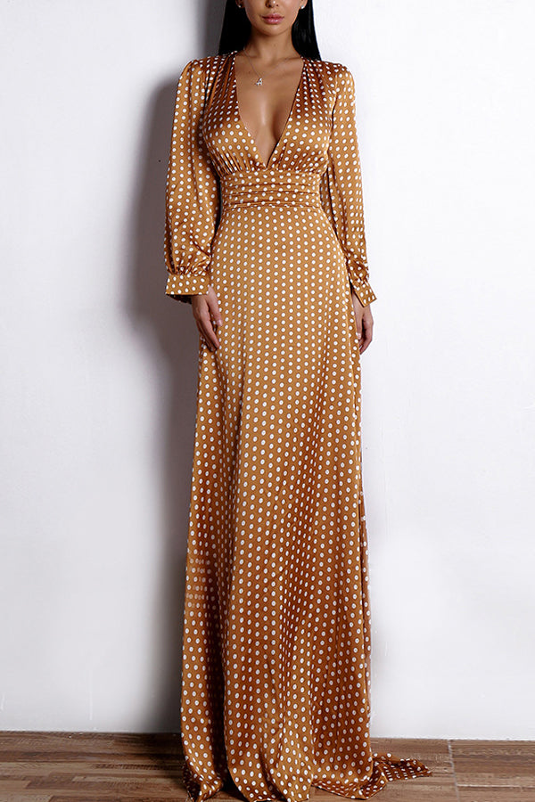 Yellow A Line V Neck Long Sleeves Bohemian White Polka Dots Dress