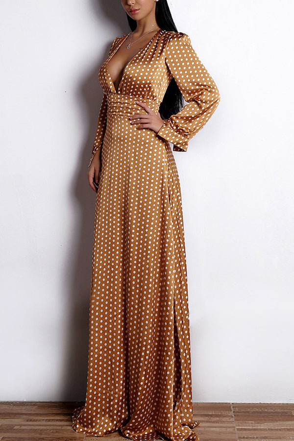 Yellow A Line V Neck Long Sleeves Bohemian White Polka Dots Dress