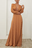 Yellow A Line V Neck Long Sleeves Bohemian White Polka Dots Dress