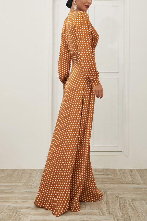 Yellow A Line V Neck Long Sleeves Bohemian White Polka Dots Dress