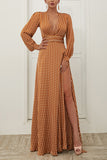 Yellow A Line V Neck Long Sleeves Bohemian White Polka Dots Dress