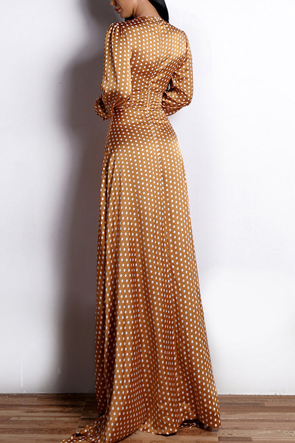 Yellow A Line V Neck Long Sleeves Bohemian White Polka Dots Dress