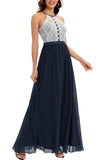 A Line Halter Navy Long Bridesmaid Dress with Lace
