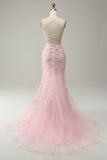 Mermaid Spaghetti Straps Light Pink Long Prom Dress with Appliques