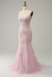 Mermaid Spaghetti Straps Light Pink Long Prom Dress with Appliques