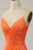Mermaid Spaghetti Straps Orange Sequins Prom Dress with Split Front