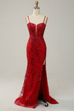 Mermaid Spaghetti Straps Black Sequins Long Prom Dress with Split Front