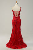 Mermaid Spaghetti Straps Black Sequins Long Prom Dress with Split Front