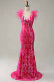 Mermaid Deep V Neck Fuchsia Sequins Long Prom Dress with Feathers