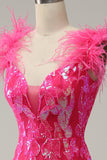 Mermaid Deep V Neck Fuchsia Sequins Long Prom Dress with Feathers