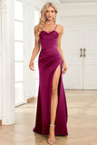 Navy Mermaid Spaghetti Straps Satin Prom Dress with Split Front