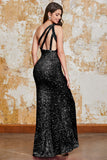 Glitter Black Mermaid One Shoulder Sequins Prom Dress With Slit