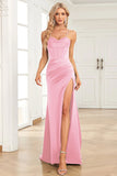 Navy Mermaid Spaghetti Straps Satin Prom Dress with Split Front
