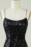 Black Sequins Spaghetti Straps Tight Homecoming Dress