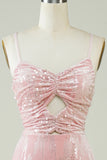 Velvet Sequins Pink Tight Homecoming Dress with Hollow-out