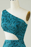 Blue Glitter One Shoulder Tight Homecoming Dress with Hollow-out