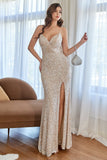 Champagne Mermaid Sequins Prom Dress with Slit