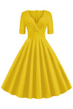 Green V-Neck Short Sleeves 1950s Swing Dress