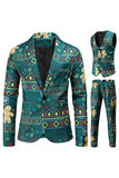 Dark Green Printed Notched Lapel 3 Piece Christmas Men's Suits