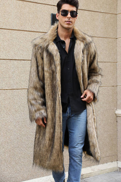 Zapaka Brown Open Front Lapel Neck Faux Fur Long Men Coat – ZAPAKA