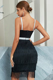 A Line Spaghetti Straps Black Cocktail Dress with Tassel