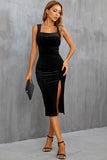 Velvet Black Cocktail Party Dress with Slit