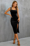 Velvet Black Cocktail Party Dress with Slit