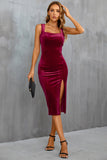 Velvet Black Cocktail Party Dress with Slit