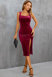 Velvet Black Cocktail Party Dress with Slit