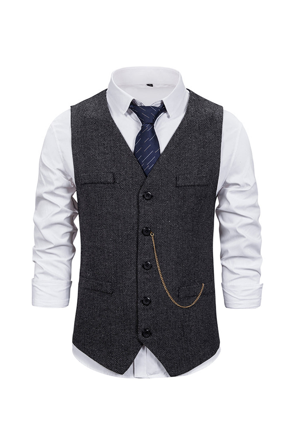 V Neck Single Breasted Men's Grey Casual Vest