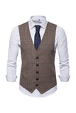 Single Breasted V-Neck Coffee Men's Plaid Vest