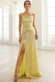 Light Yellow One Shoulder Sequined Prom Dress With Slit