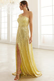 Light Yellow One Shoulder Sequined Prom Dress With Slit
