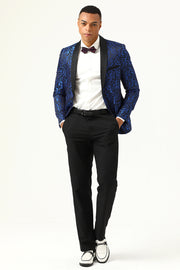 One Button Blue Shawl Lapel Jacquard Men's Prom Blazer