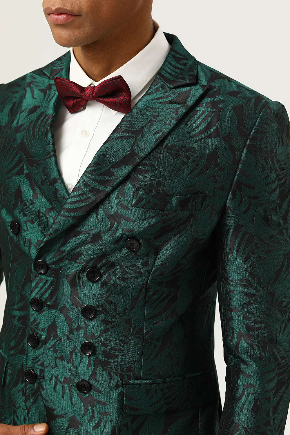 Green Jacquard Double Breasted 2 Piece Men's Suits