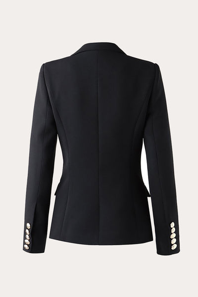 Zapaka Women Black Double Breasted Party Blazer Peak Lapel