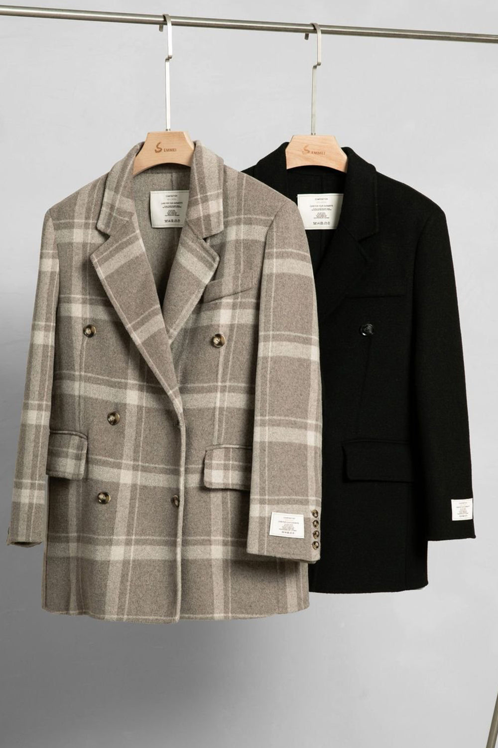 Khaki Plaid Notched Lapel Double Breasted Women Wool Coat