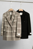Khaki Plaid Notched Lapel Double Breasted Women Wool Coat