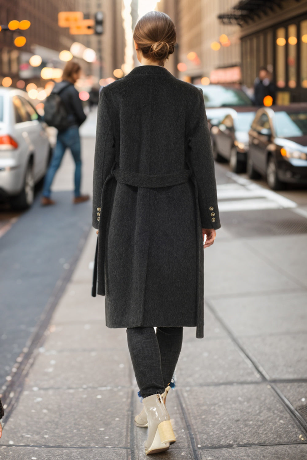 Black Peak Lapel Double Breasted Slim Fit Long Women Coat
