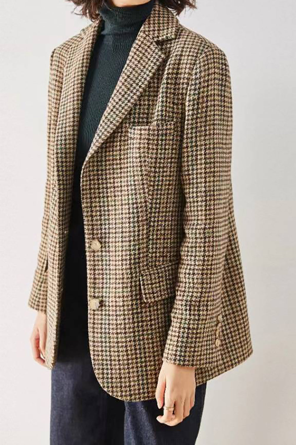 Khaki Plaid Notched Lapel Women Coat