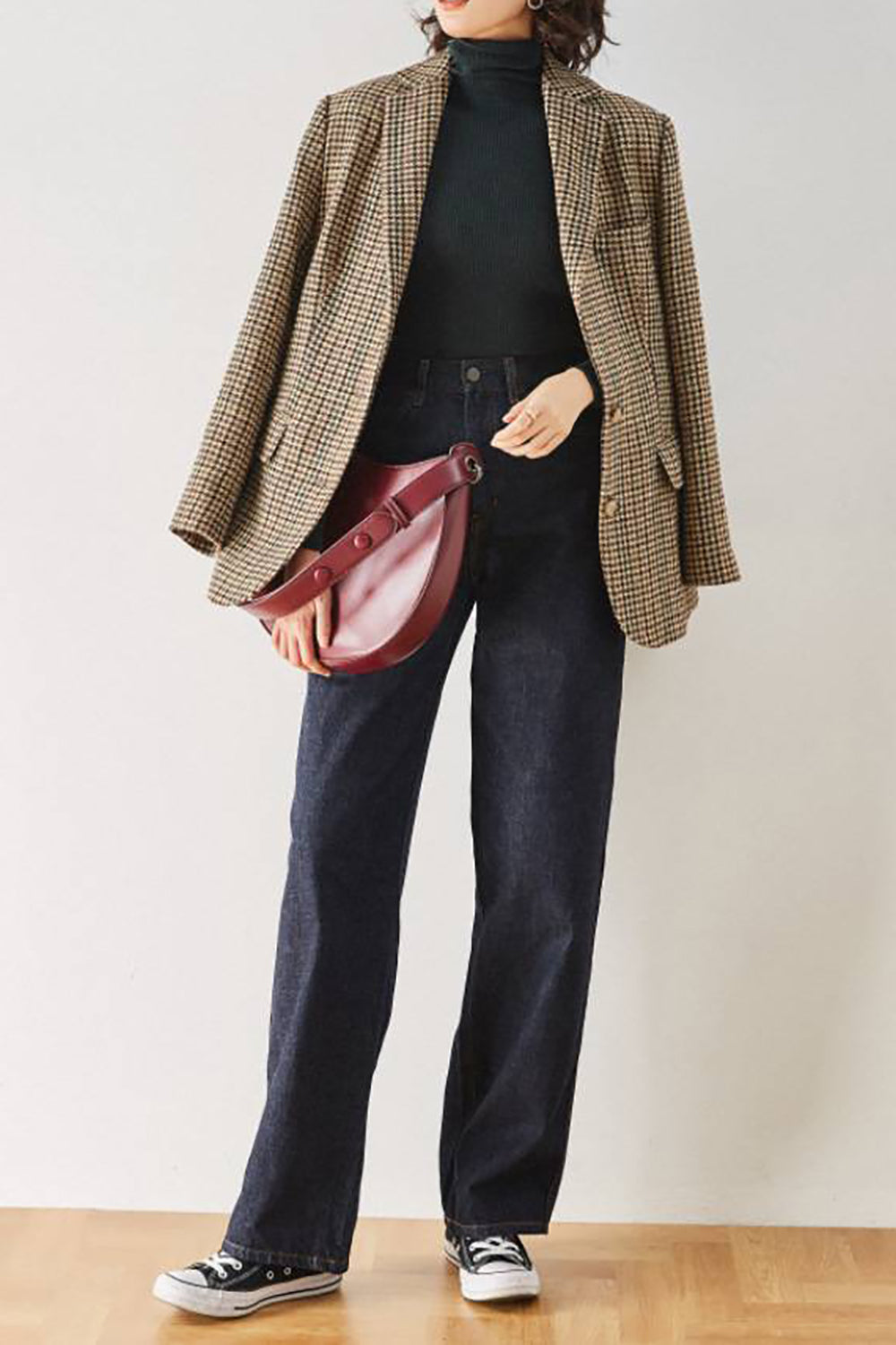 Khaki Plaid Notched Lapel Women Coat