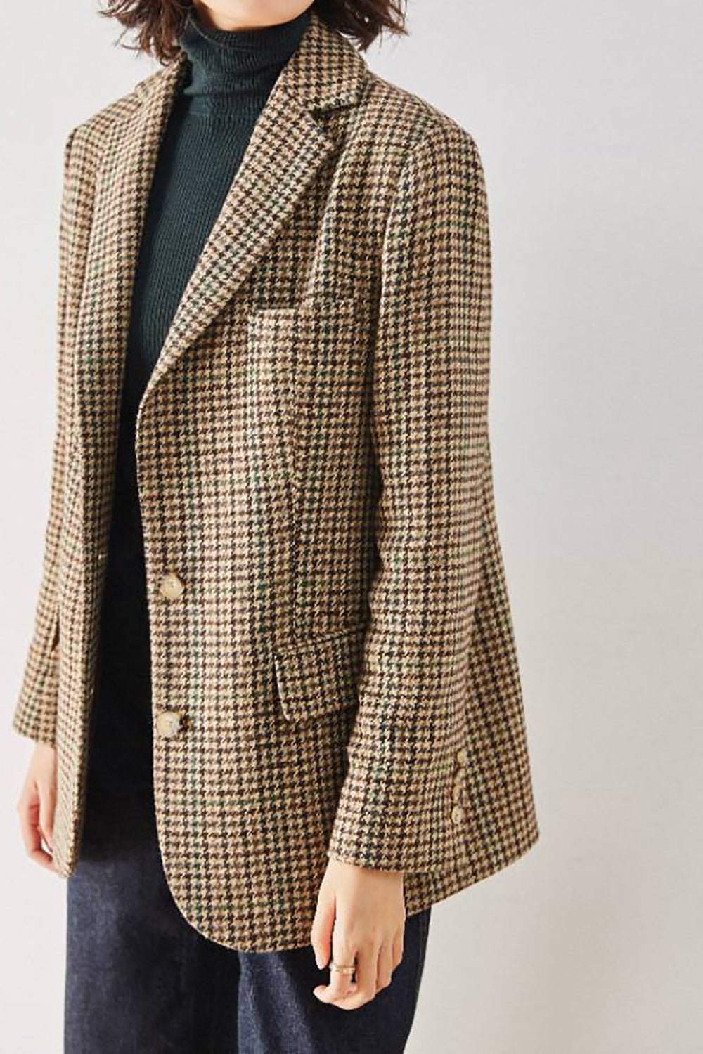 Khaki Plaid Notched Lapel Women Coat